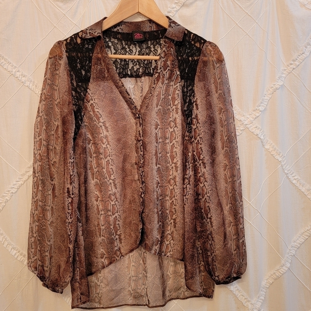 2B Bebe Sheer Snake Skin Print Button Blouse Size XS